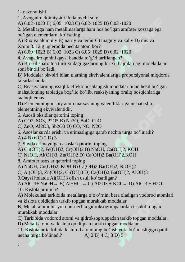 8-sinf nazorat ishi kimyo 2024 2
