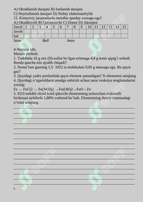 8-sinf nazorat ishi kimyo 2024 5