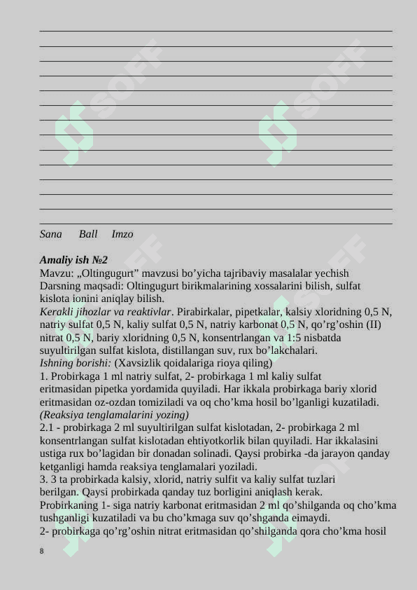 8-sinf nazorat ishi kimyo 2024 8