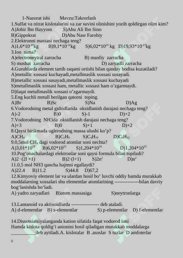 9-sinf nazorat ishi kimyo 2024 2