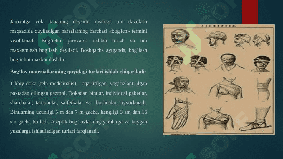 Desmurgiya. Yumshoq bog’lamlar va ularning 
qo’llanilishi. Qattiq bog’lamlar va ularning qo’llanilishi. 3