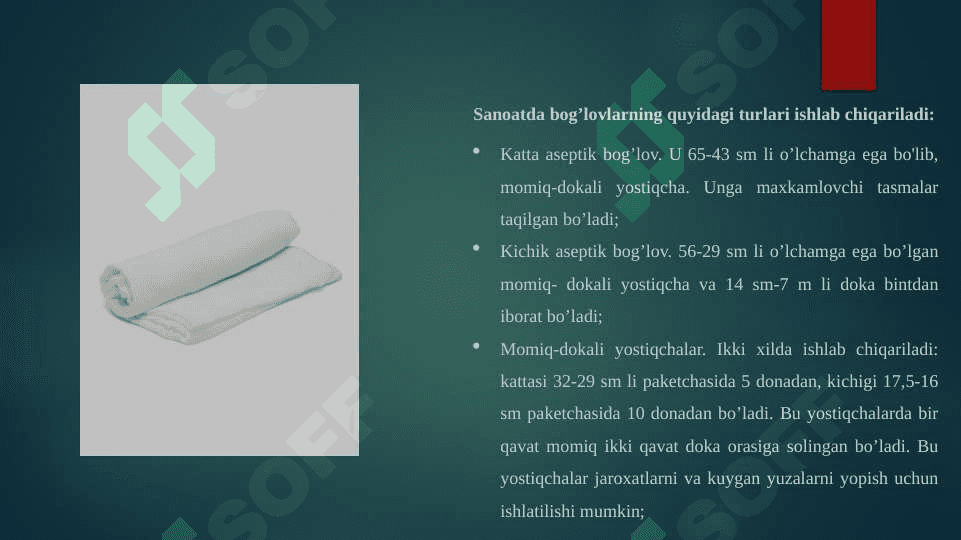 Desmurgiya. Yumshoq bog’lamlar va ularning 
qo’llanilishi. Qattiq bog’lamlar va ularning qo’llanilishi. 4