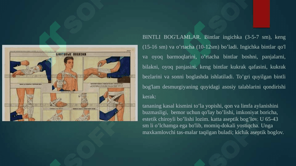 Desmurgiya. Yumshoq bog’lamlar va ularning 
qo’llanilishi. Qattiq bog’lamlar va ularning qo’llanilishi. 6