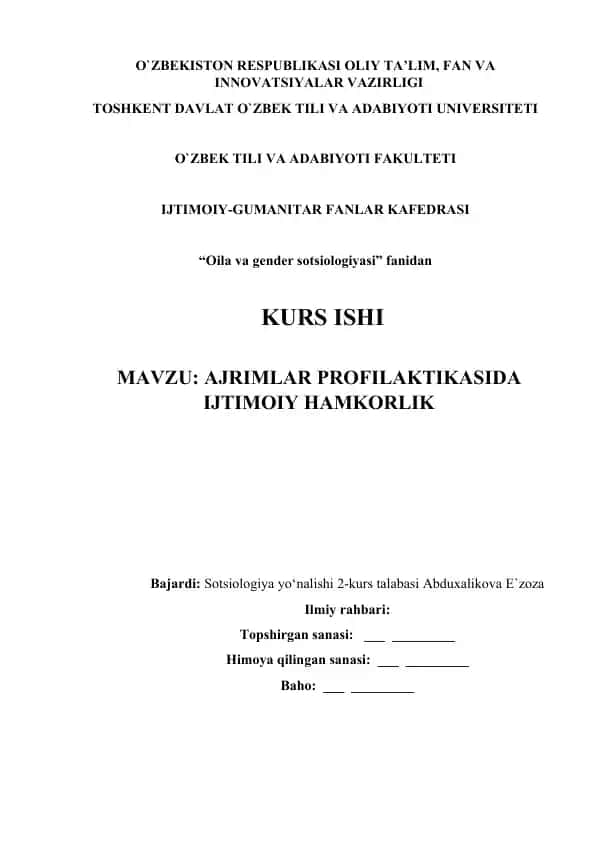 AJRIMLAR PROFILAKTIKASIDA IJTIMOIY HAMKORLIK kurs ishi
