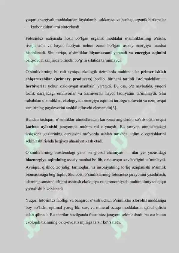 O'simliklarning inson va biosferada tutgan o'rni va muhofazasi 8