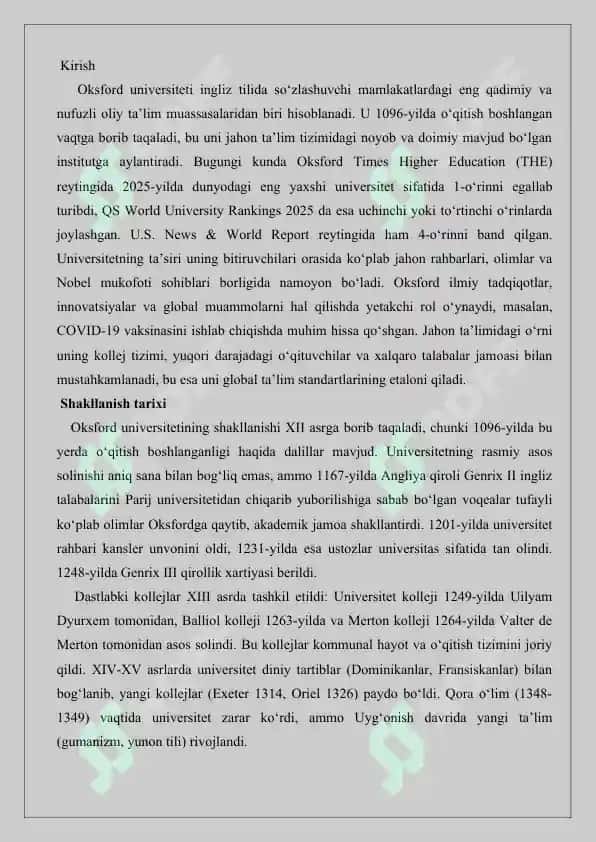 Oksford universitetining shakllanish tarixi va bugungi kundagi faoliyati 25.d 2