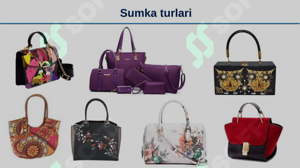 Sumka turlari. Sumkaga andaza  tayyorlash va bichish. Andaza tayyorlash, zaruriy gazlama iplar tanlash, sumkachani bichish. Charmdan, gazlamadan bezak tayyorlash turlari. Sumkani tikish va bezash 2