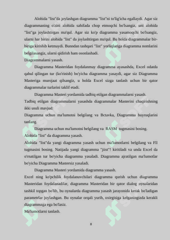 MAʼLUMOTLARNI YIGʻISH JADVALLAR VA DIAGRAMMALAR SHAKLIDA YASASH 8