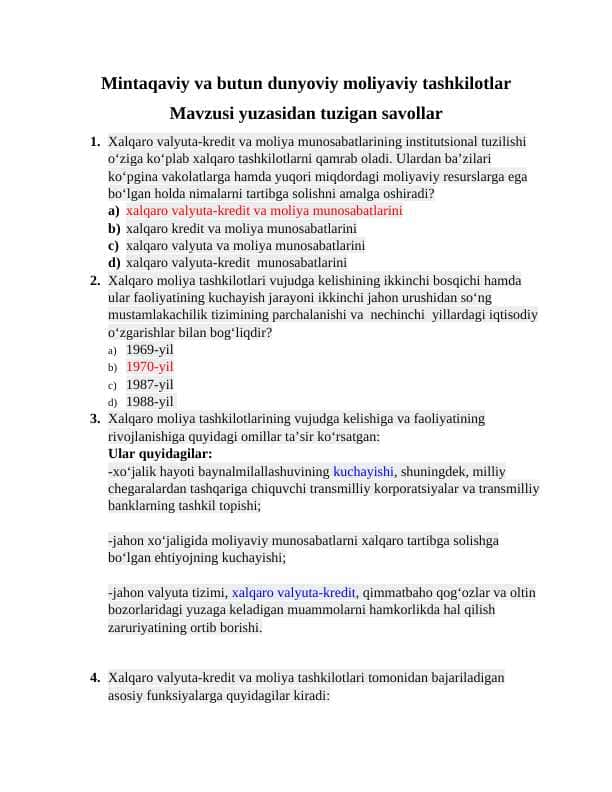 Mintaqaviy va butun dunyoviy moliyaviy tashkilotlar Mavzusi yuzasidan tuzigan savollar