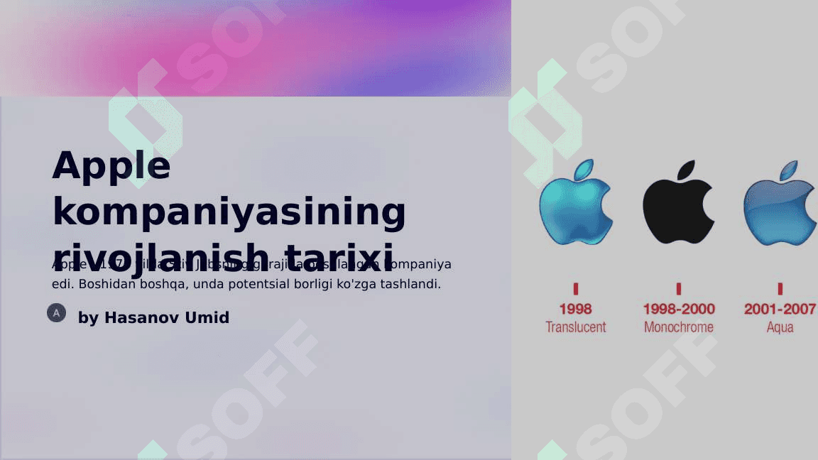 APPLE KOMPANIYASINING TARIXI.             2.APPLE MAHSULOTRLARINING RIVOJLANISHI.             3.APPLENING YANGI TEXNOLOGIYALARI 3