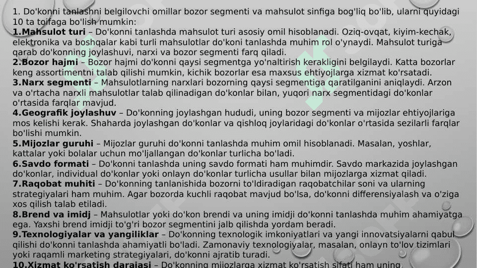 Savdo do'konini xaridorlar tomonidan tanlashini belgilovchi xususiyatlari 3