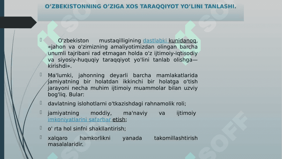O’ZBEKISTONNING O’ZIGA XOS   ISTIQLOL  VA TARAQQIYOT YO’LI 3