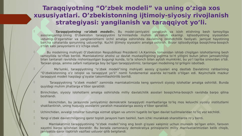 O’zbekistonning o’ziga xos istiqlol va taraqqiyot yo’li. 4