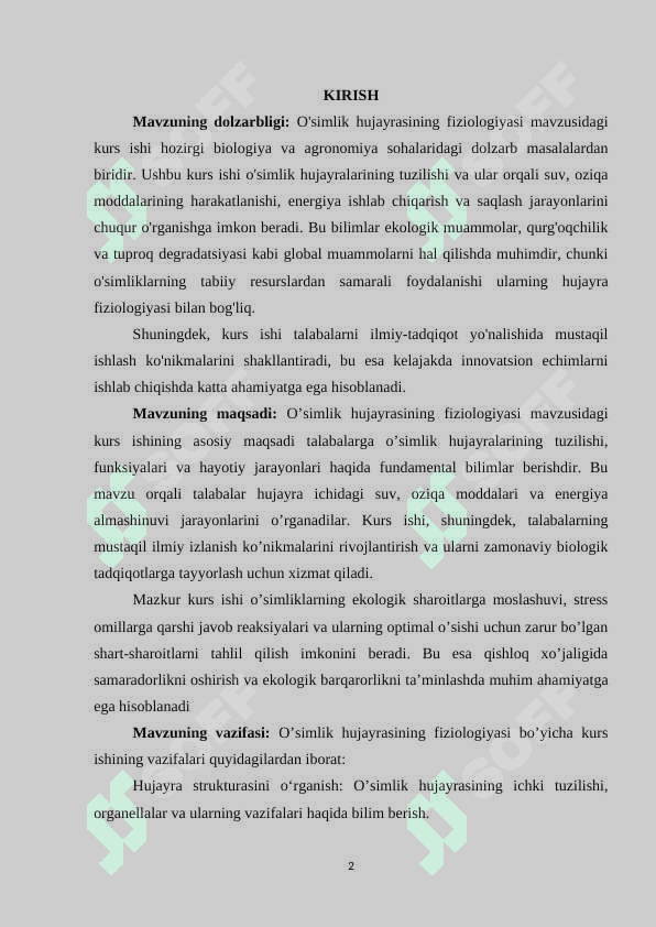 O’simlik hujayrasining fiziologiyasi 2