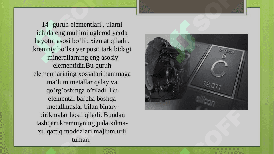 Elementlar davriy jadvalidagi 14-guruh elementlarining umumiy xossalari 2