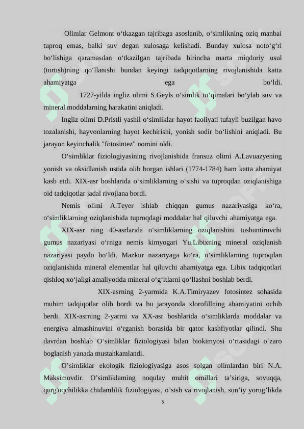 O’simliklarning mineral oziqlanishi. 5