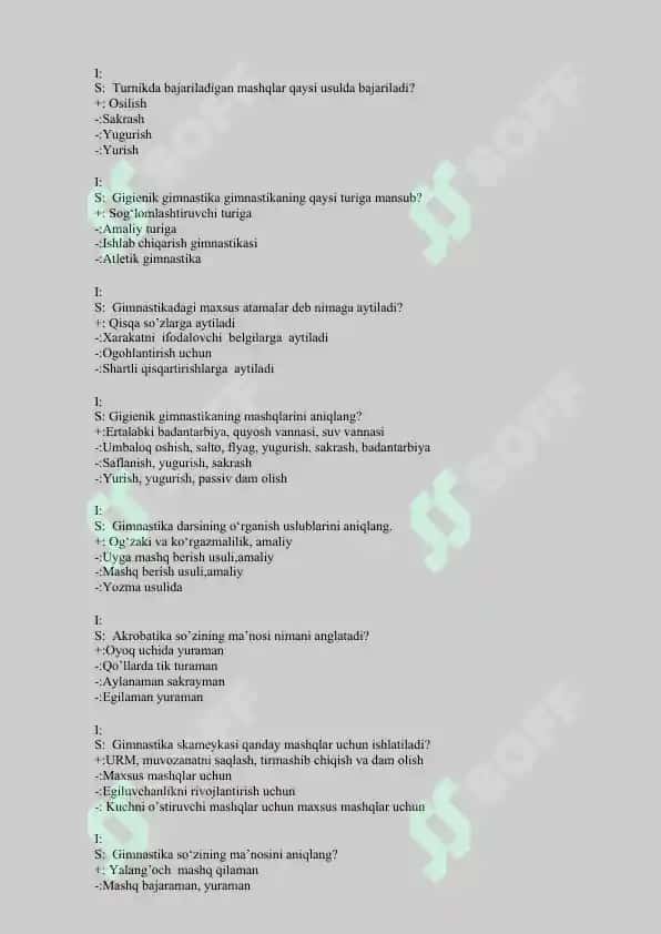 Jismoniy madaniyat va sport yakuniy testlar javoblari bilan 2