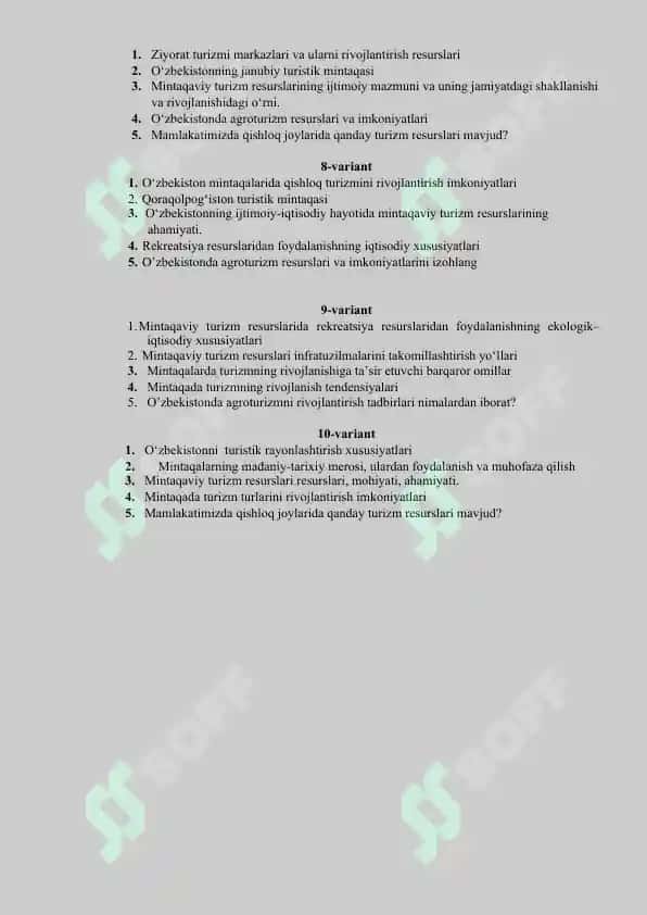 Mintaqaviy turizm yakuniy savollar 2