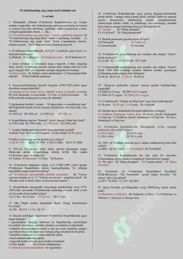 O‘zbekistonning eng yangi tarixi fanidan test 3