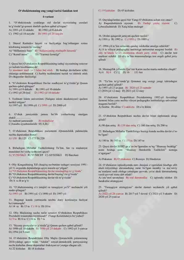 O‘zbekistonning eng yangi tarixi fanidan test 4