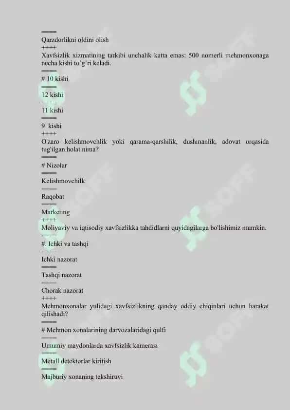 Turizm va mehmonxonada xavfsizlikka oid yakuniy test savollari javoblari bilan 3