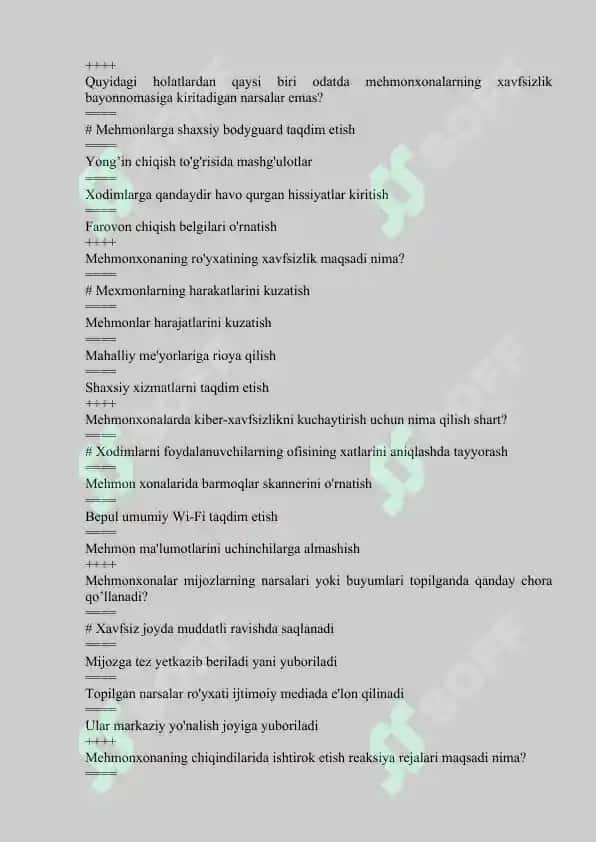 Turizm va mehmonxonada xavfsizlikka oid yakuniy test savollari javoblari bilan 4