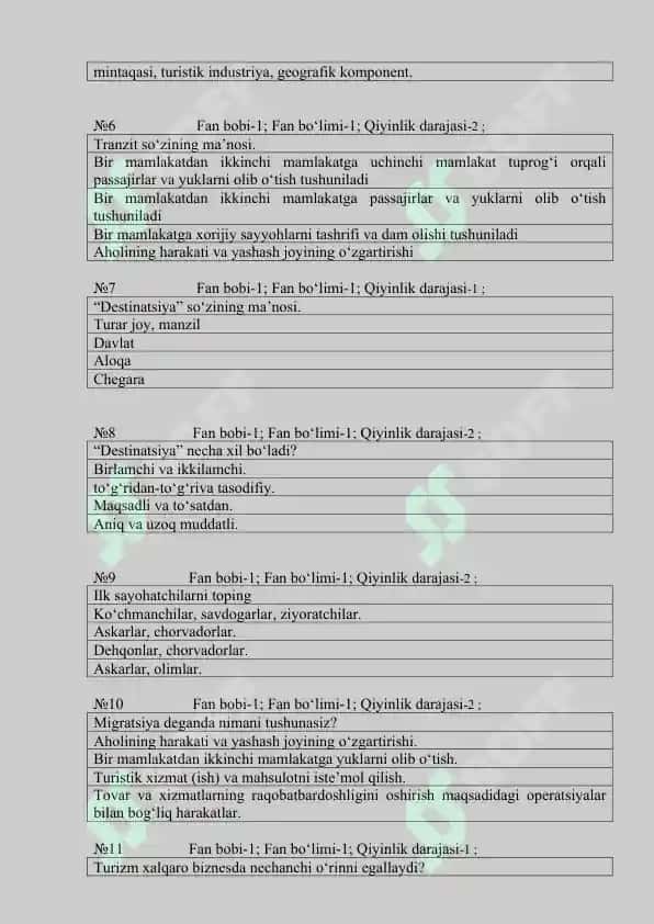 Xalqaro turizm fanidan test savollari 2