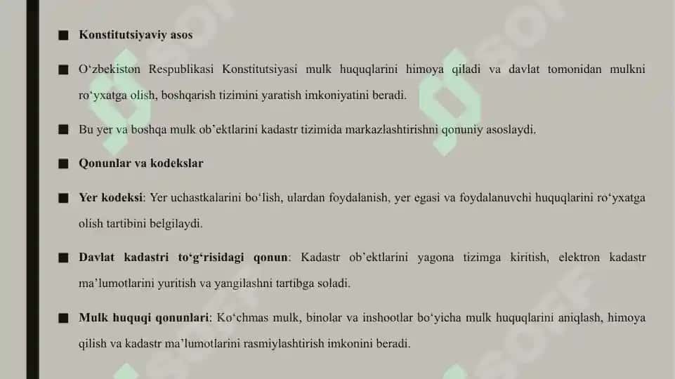 Davlat kadastlarini yagona tizimga o'tkazishning huquqiy asoslari hamda yuritish manbalari 6