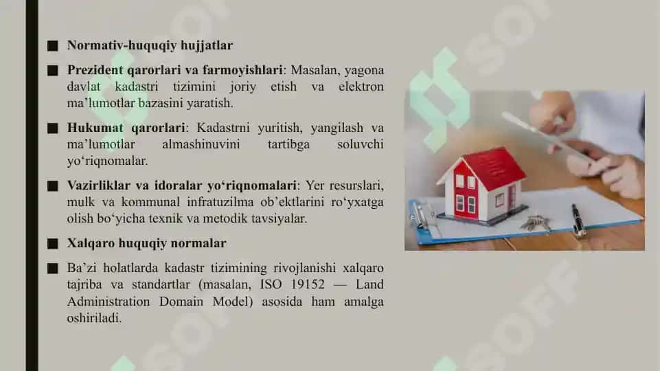 Davlat kadastlarini yagona tizimga o'tkazishning huquqiy asoslari hamda yuritish manbalari 7