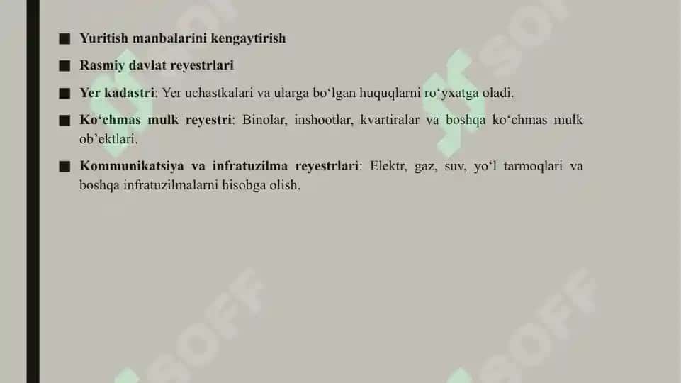 Davlat kadastlarini yagona tizimga o'tkazishning huquqiy asoslari hamda yuritish manbalari 8