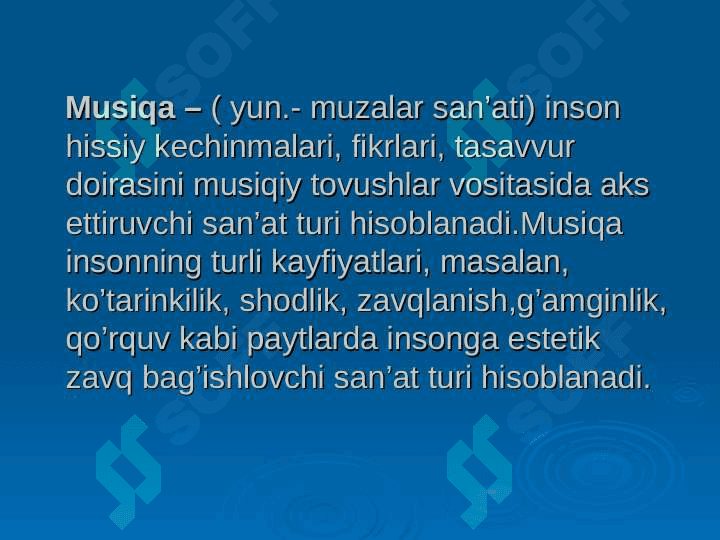 Musiqa dasturlari turlari:valete, tematik musiqali dastur, shou namoyish. 2