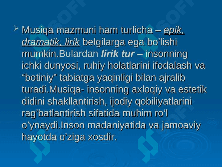Musiqa dasturlari turlari:valete, tematik musiqali dastur, shou namoyish. 4