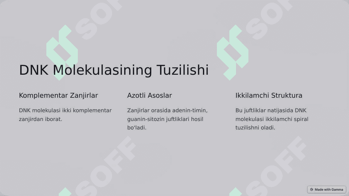 Nuklein kislotalarning birlamchi strukturasi. DNKning ikkilamchi strukturasini hosil bo‘lishida komplementarlik prinsipi. Chargaff qoidalari. DNK qo‘sh zanjirining tavsifi. 3