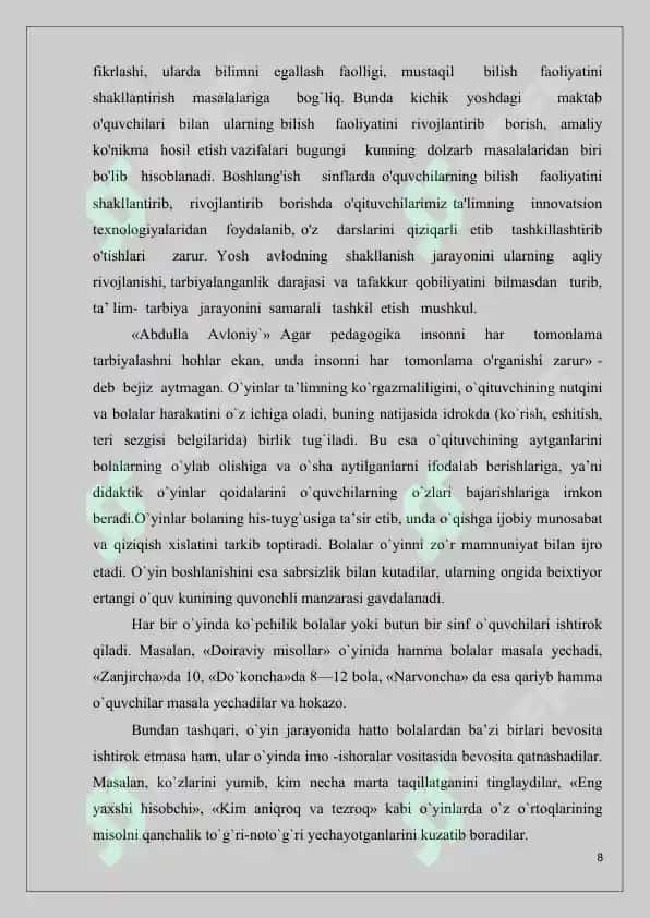“Boshlangʻich sinf matematika darslarida didaktik o'yinlardan foydalanish metodikasi” 8