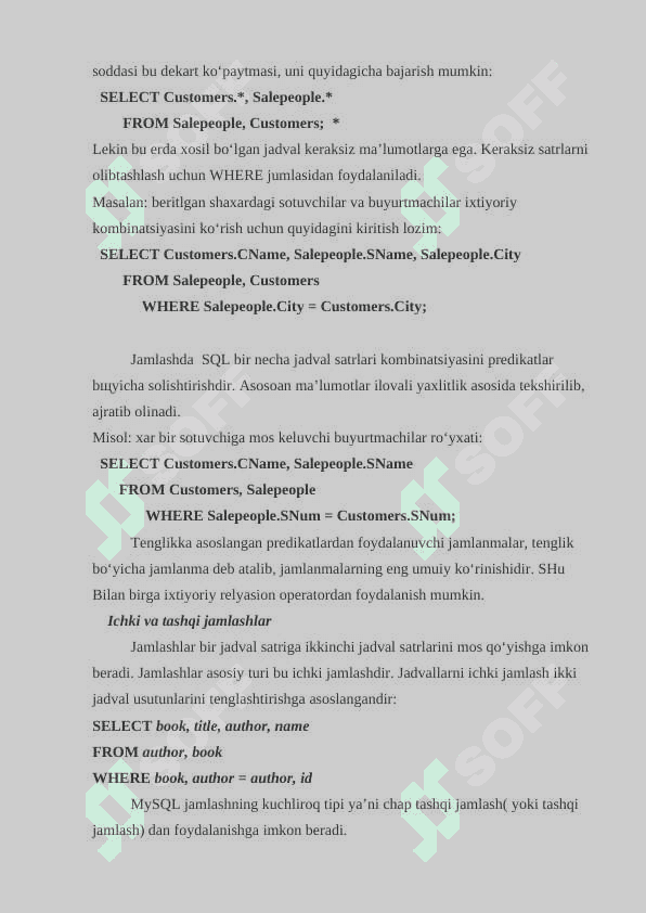 SQL tilida jadvallarni birlashtirish operatorlari unior join xamda SQL tilida guruhli amallar HAVING GROUP BY 2