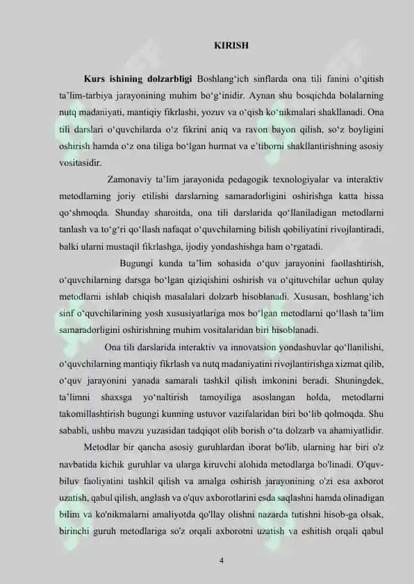 Boshlanğich sinf ona tili darslarida qöllaniladigan metodlar 4