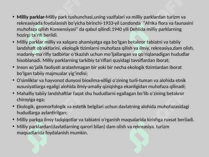 Dunyoda ekologik turizmning resurslari: milliy parklar, tabiat qoʼriqxonalari, alohida qoʼriqlanadigan hududlar 5