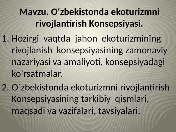 O‘zbekistonda ekoturizmni rivojlantirish Konsepsiyasi.