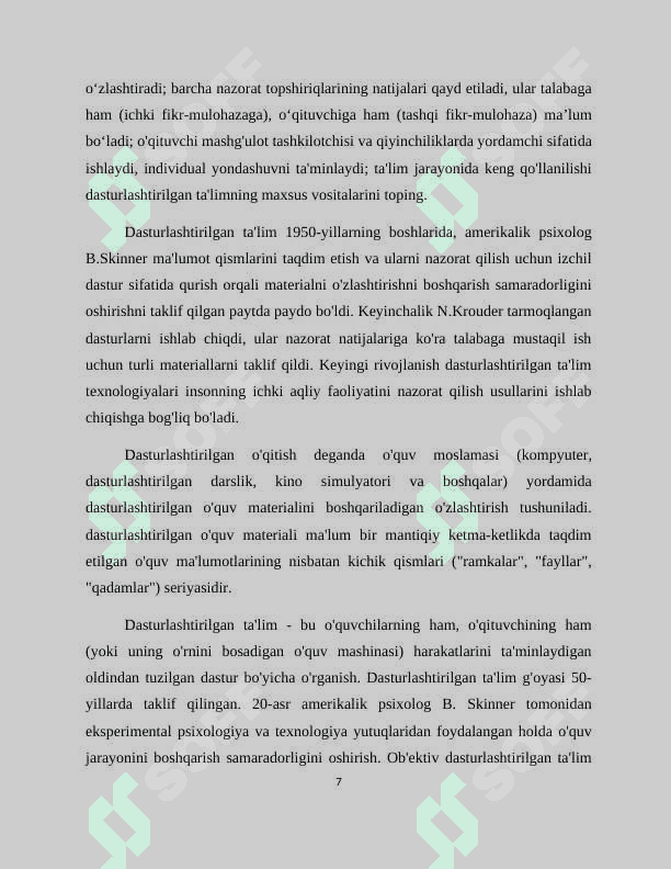 Psixologik fanlarni o‘qitishda dasturlashtirilgan ta‘limdan foydalanish imkoniyatlari. 7