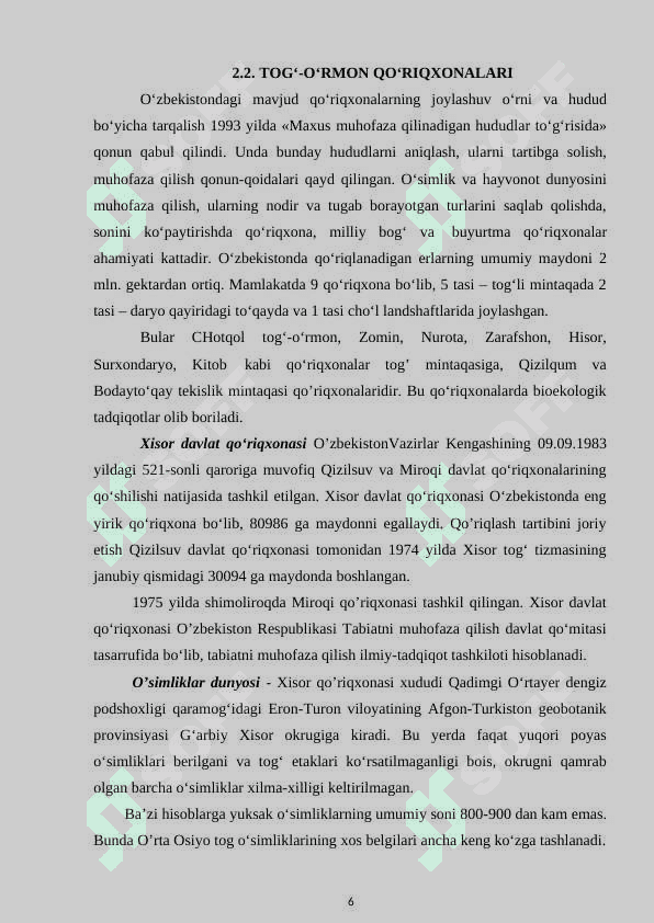 Respublikamizda tashkil qilingan qo'riqxonalar va ularda ko'paytiradigan umurtqali hayvonlar 6