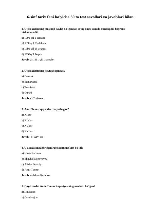 6-sinf Tarix fanidan test savollar javoblari bilan 1