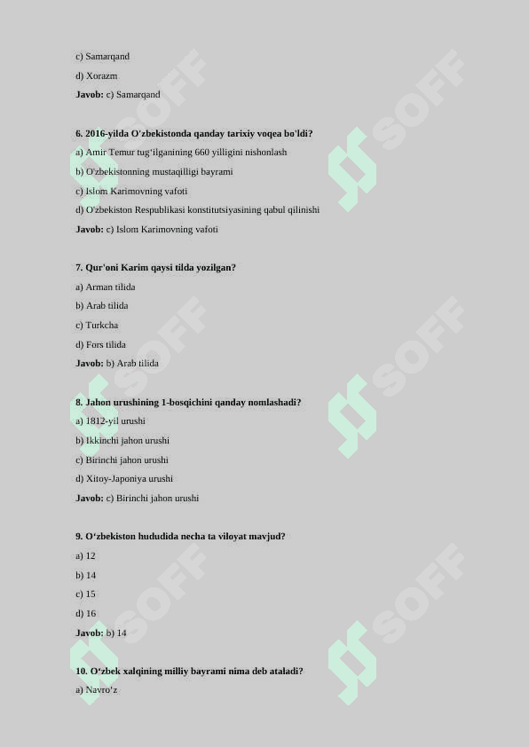 6-sinf Tarix fanidan test savollar javoblari bilan 2