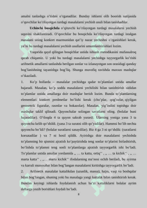 Uchinchi sinfda matеmatikadan sоdda masalalar va ularni yеchishga o`rgatish mеtоdikasi 8
