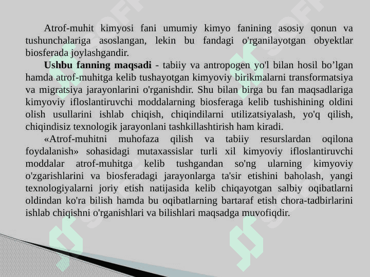 Atrof-muhit kimyosi fanining maqsadi va vazifalari 8