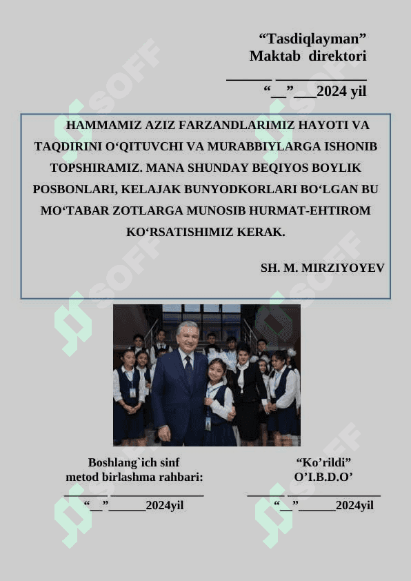 1-Sinf dars rejasi 2024-2025 o'quv yil uchun 2