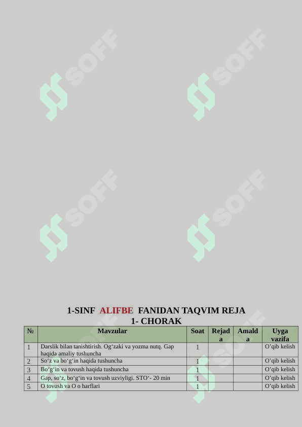 1-Sinf dars rejasi 2024-2025 o'quv yil uchun 4