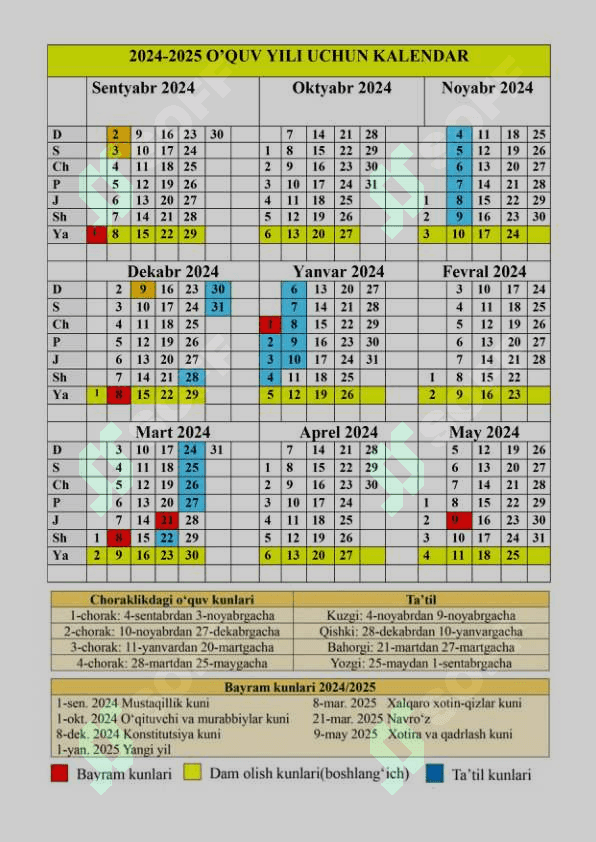 3-Sinf dars rejasi 2024-2025 o'quv yil uchun 4