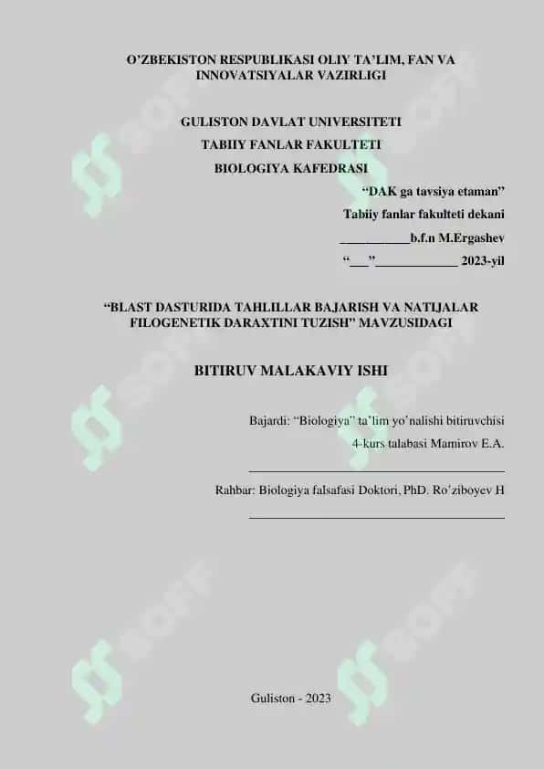"BLAST DASTURIDA TAHLILLAR BAJARISH VA NATIJALAR FILOGENETIK DARAXTINI TUZISH" BITIRUV MALAKAVIY ISHI 2