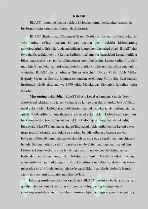 "BLAST DASTURIDA TAHLILLAR BAJARISH VA NATIJALAR FILOGENETIK DARAXTINI TUZISH" BITIRUV MALAKAVIY ISHI 4
