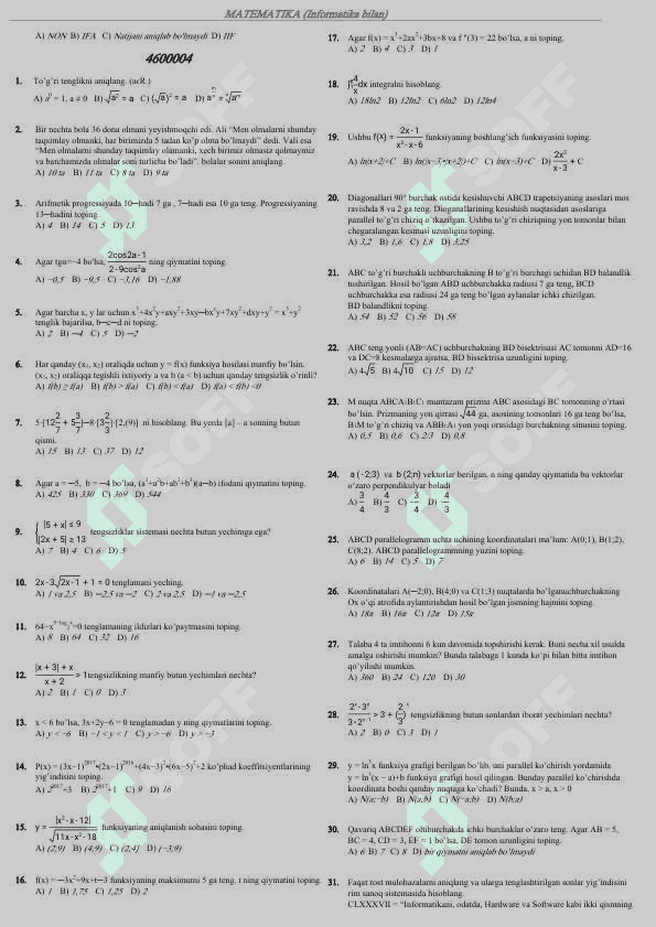 DTM da tushgan 1080 ta test. Matematikadan javoblari eng oxirida. 5
